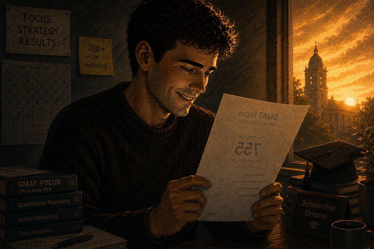 The candidate reading his official GMAT score report at his desk, a university and graduation cap lit by sunrise beside him