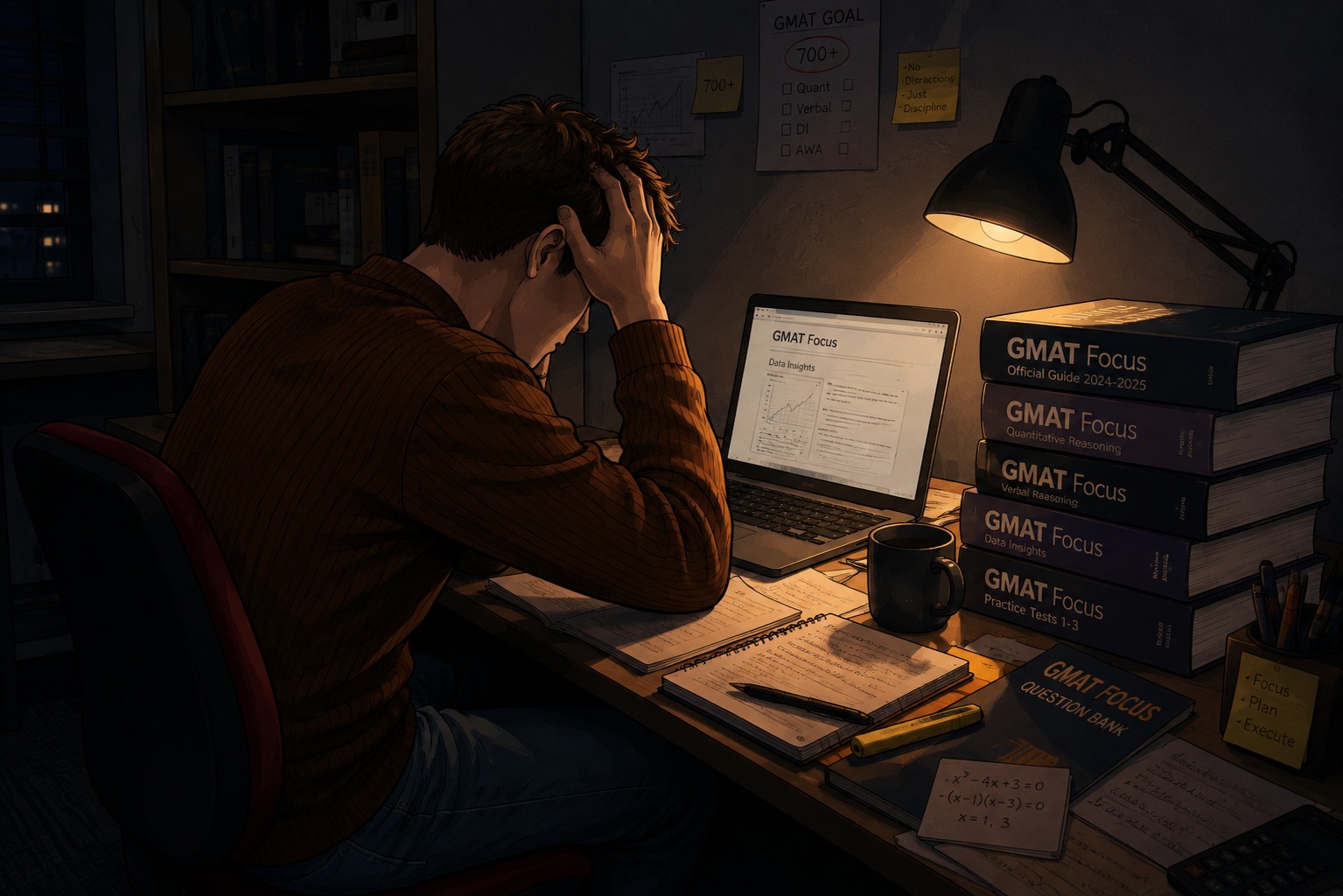 A candidate at a late-night desk buried in GMAT prep books, head in hands, his score refusing to move