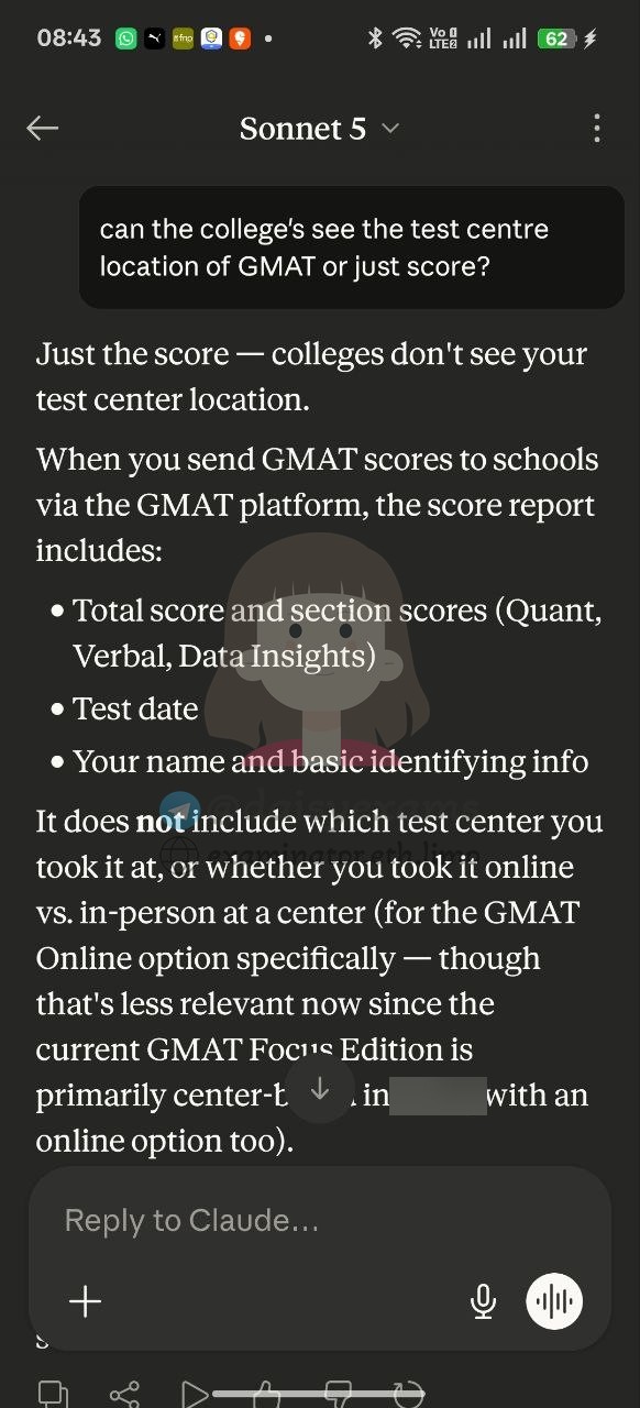 An AI assistant answering that colleges only see the score, not the test center location