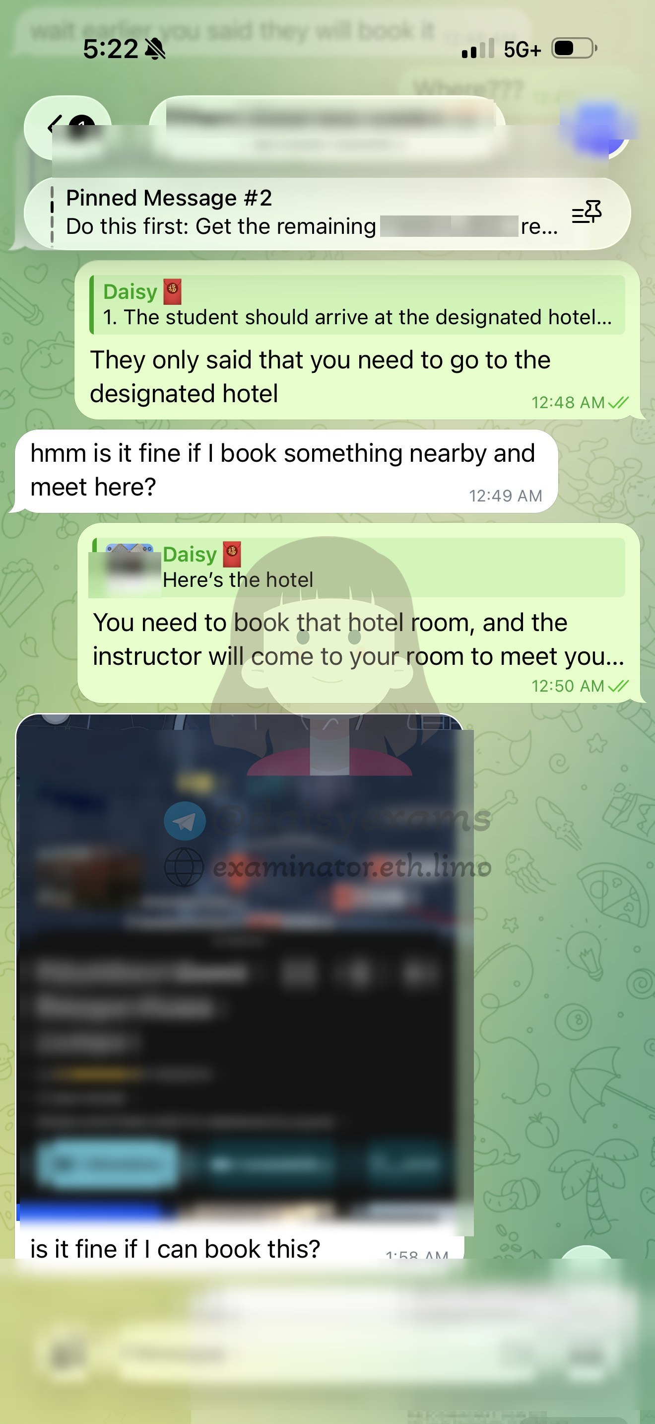 Client proposing a different nearby hotel and being told he must use the designated one