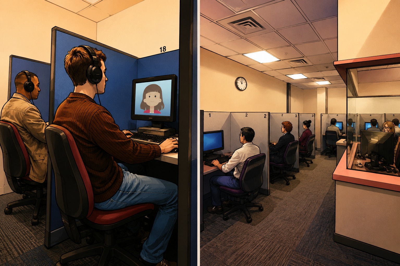 Illustration of an in-person test center: candidates in individual booths at computers, with a proctor desk