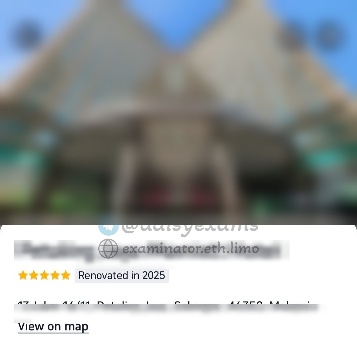 The designated hotel the client had to book for the nights around the exam