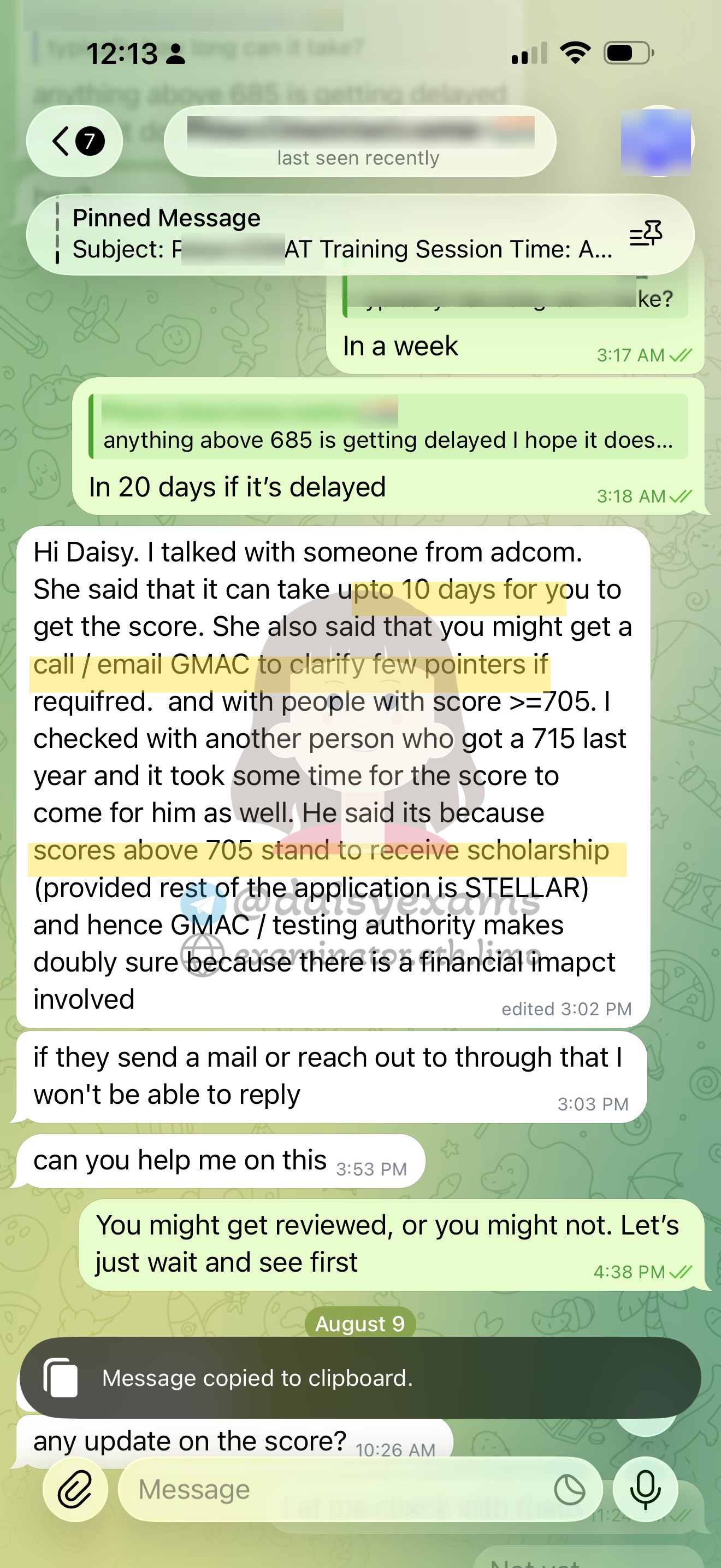 Client relaying that high scores get extra scrutiny because they can qualify for scholarships