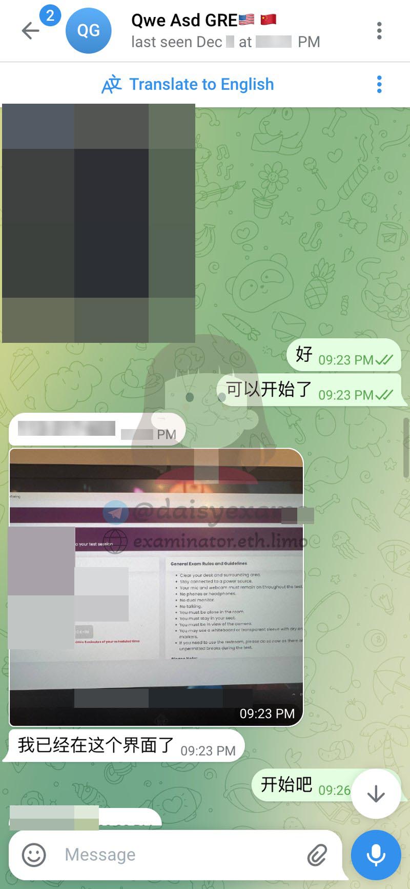 screenshot of chat logs for GRE Cheating success story #710