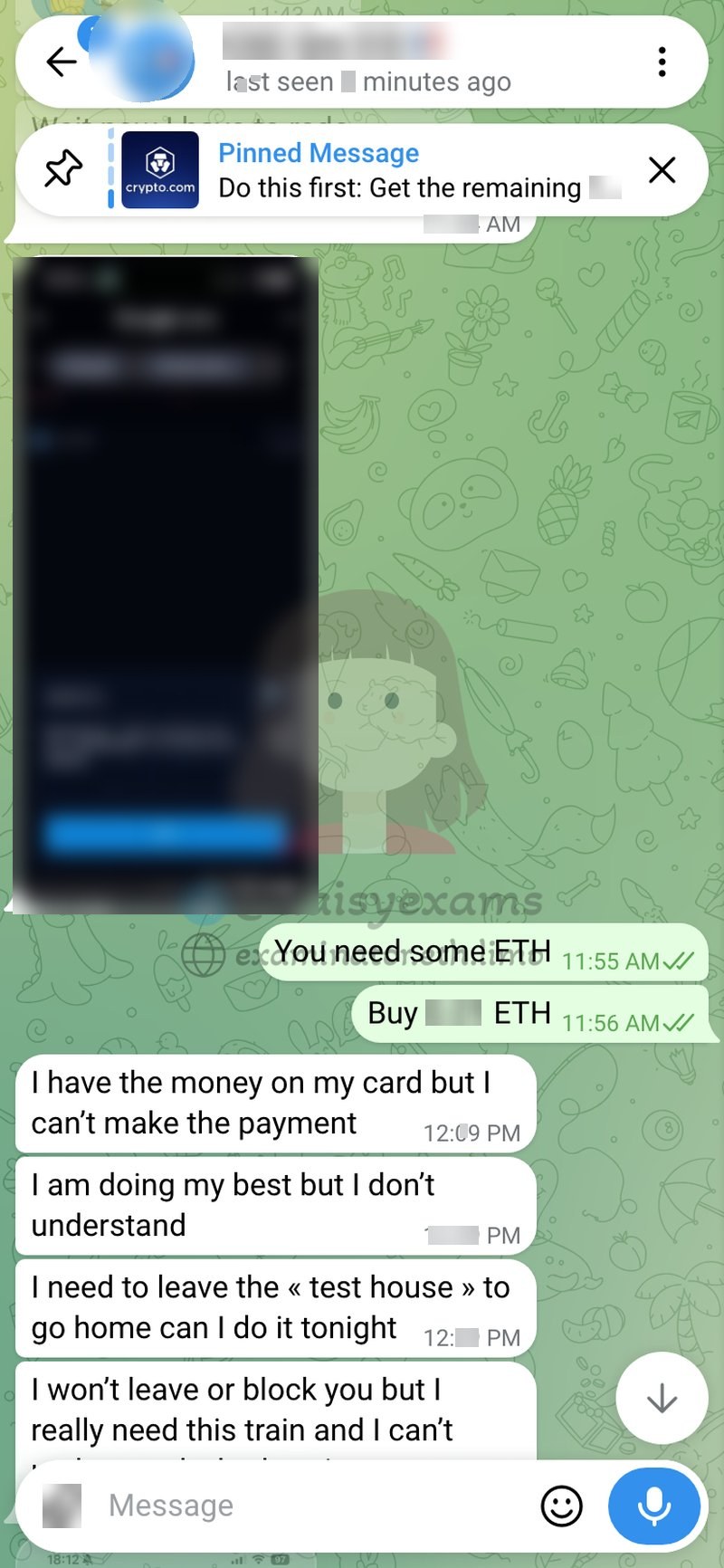 "I am doing my best but I don't understand." Stuck on the gas fee, we sent her the crypto to cover it.