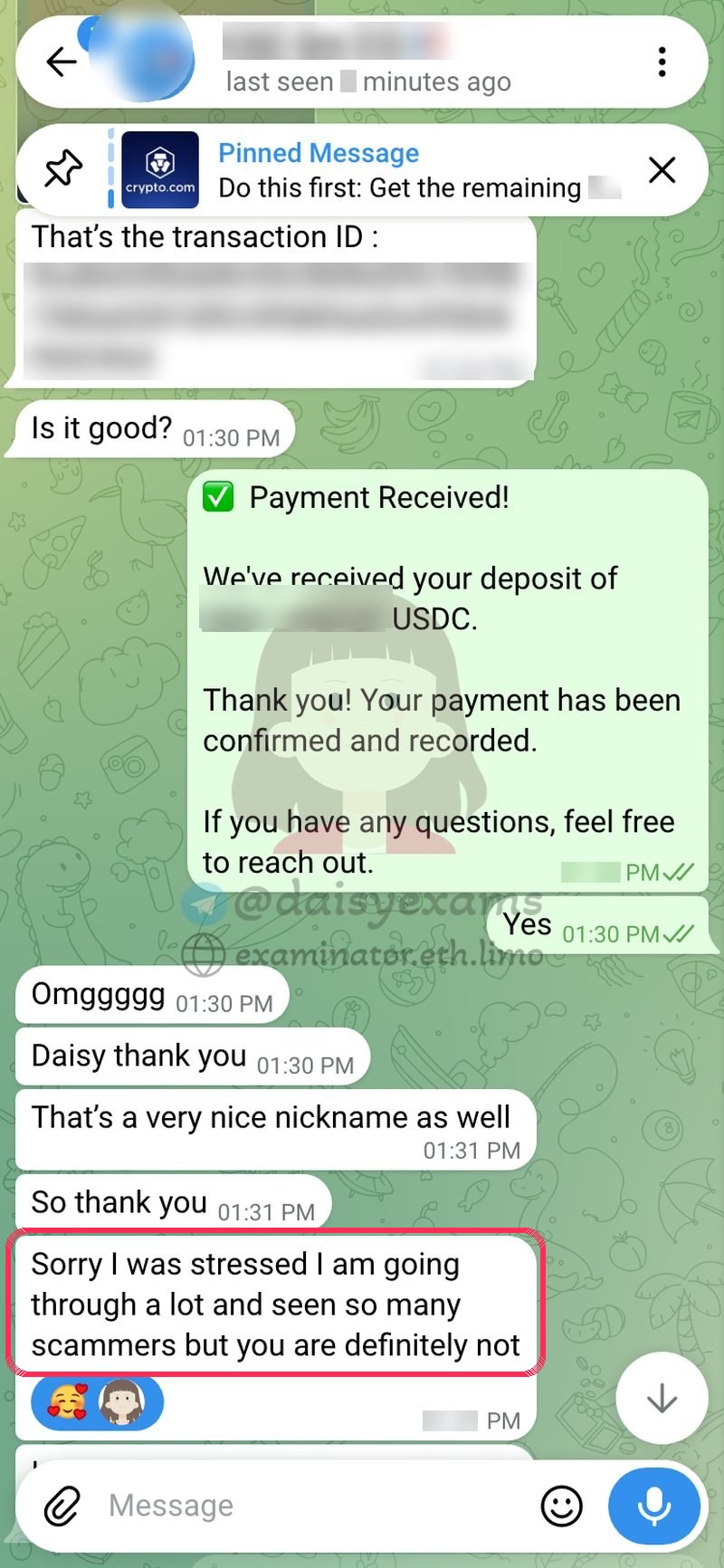 After it was done: "I've seen so many scammers, but you are definitely not."