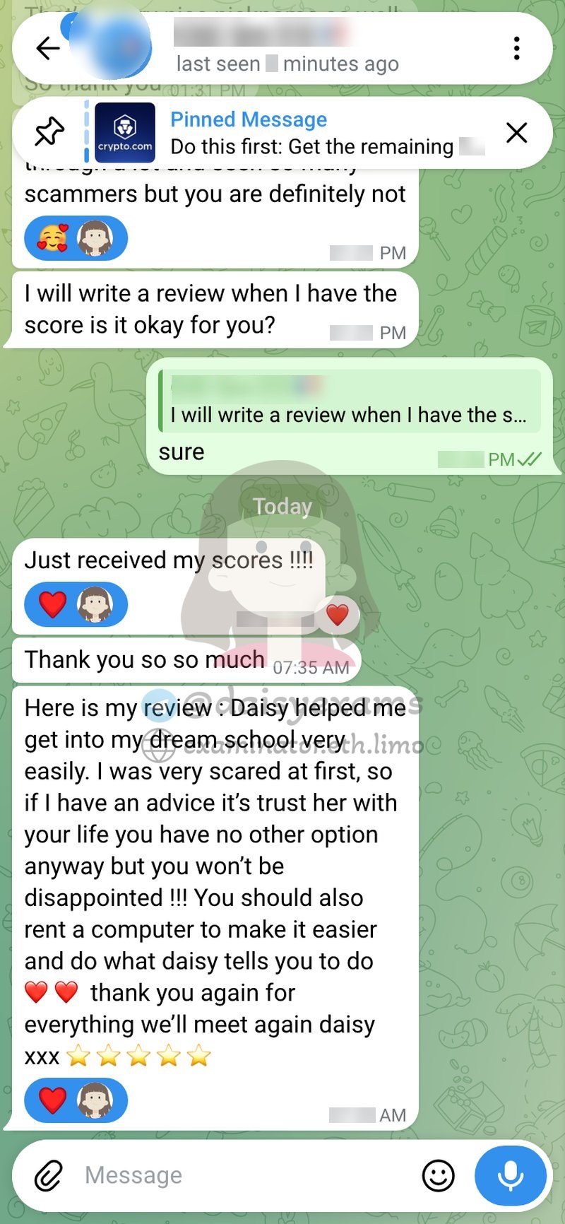 The review she sent, unprompted.
