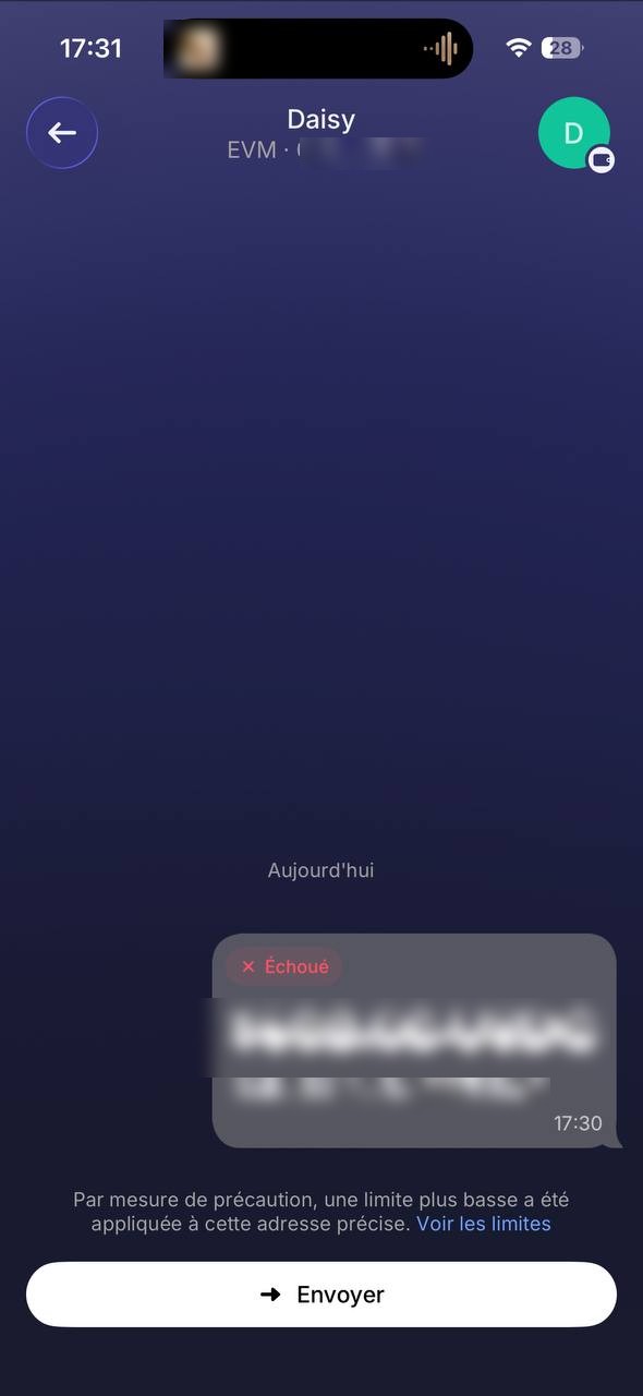 A first transfer to us failed outright (amount and our address blurred).