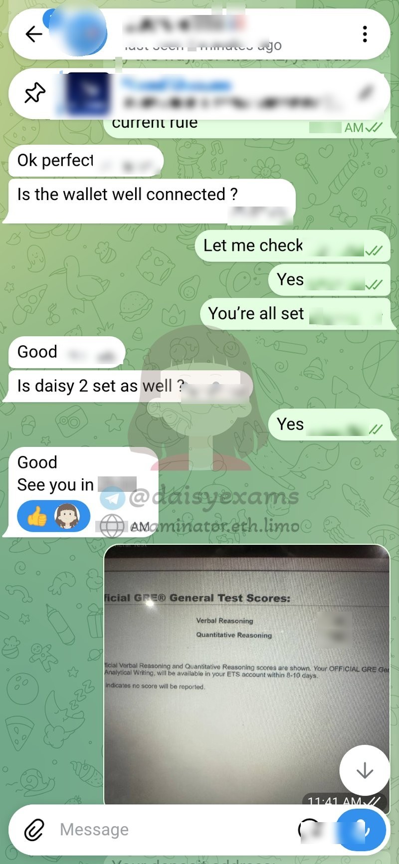Her score report the moment it came through, shared right in the chat. The exact numbers are blurred for her privacy.