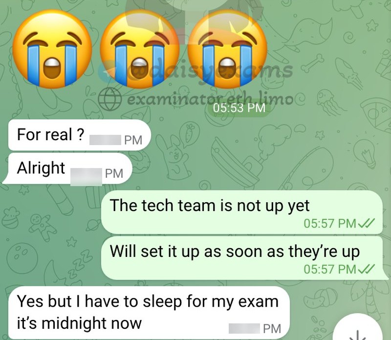 At her midnight: "I have to sleep for my exam, it's midnight now."