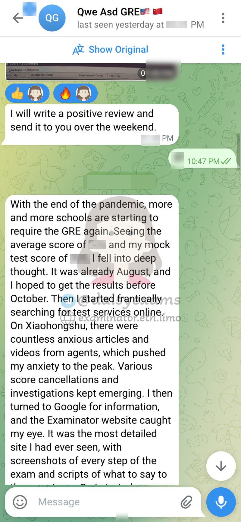 screenshot of chat logs for Trampa en GRE success story #710