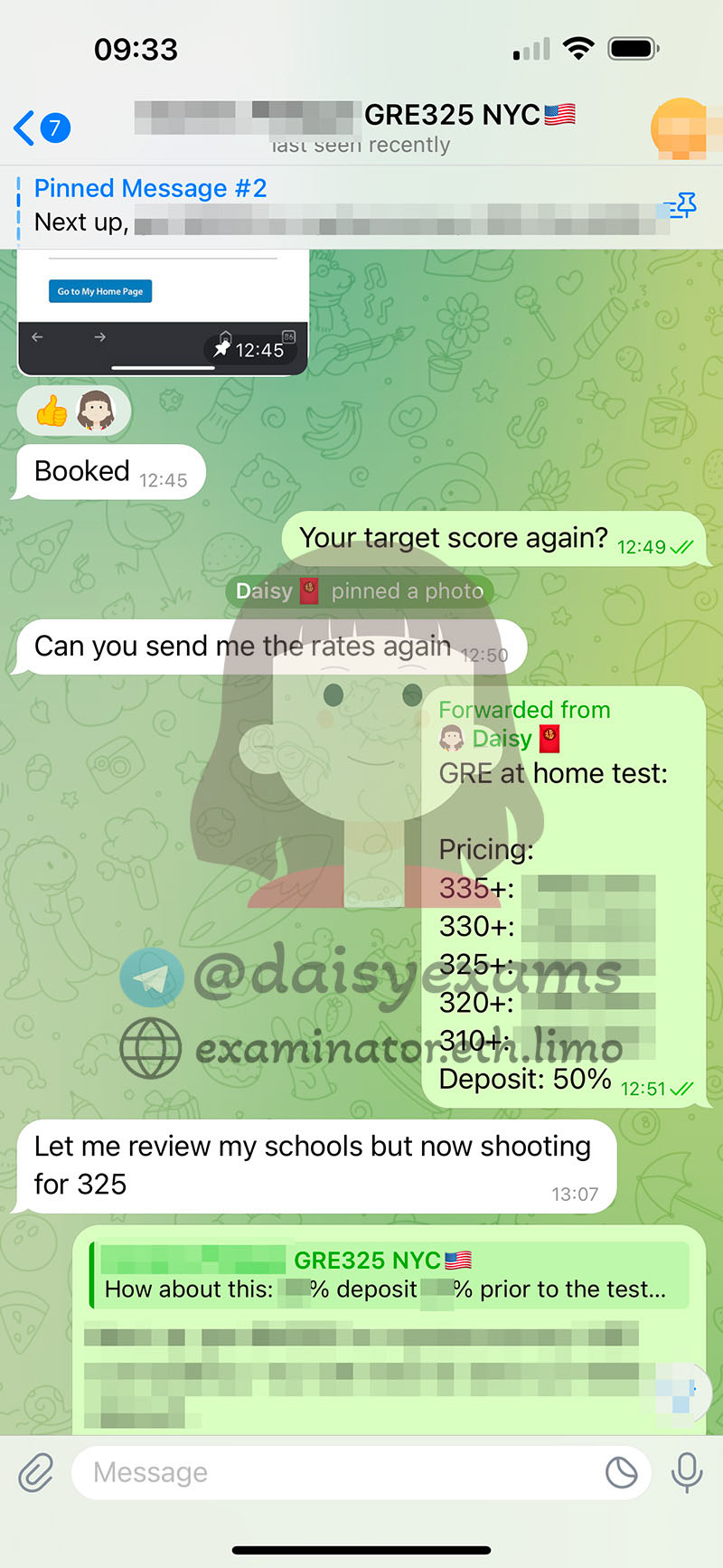 screenshot of chat logs for GRE Cheating success story #691