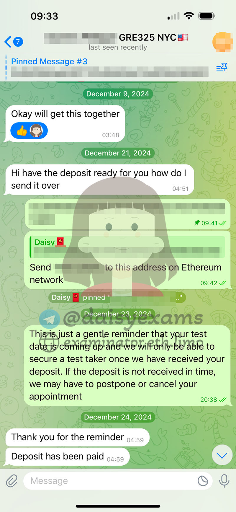screenshot of chat logs for GRE Cheating success story #691