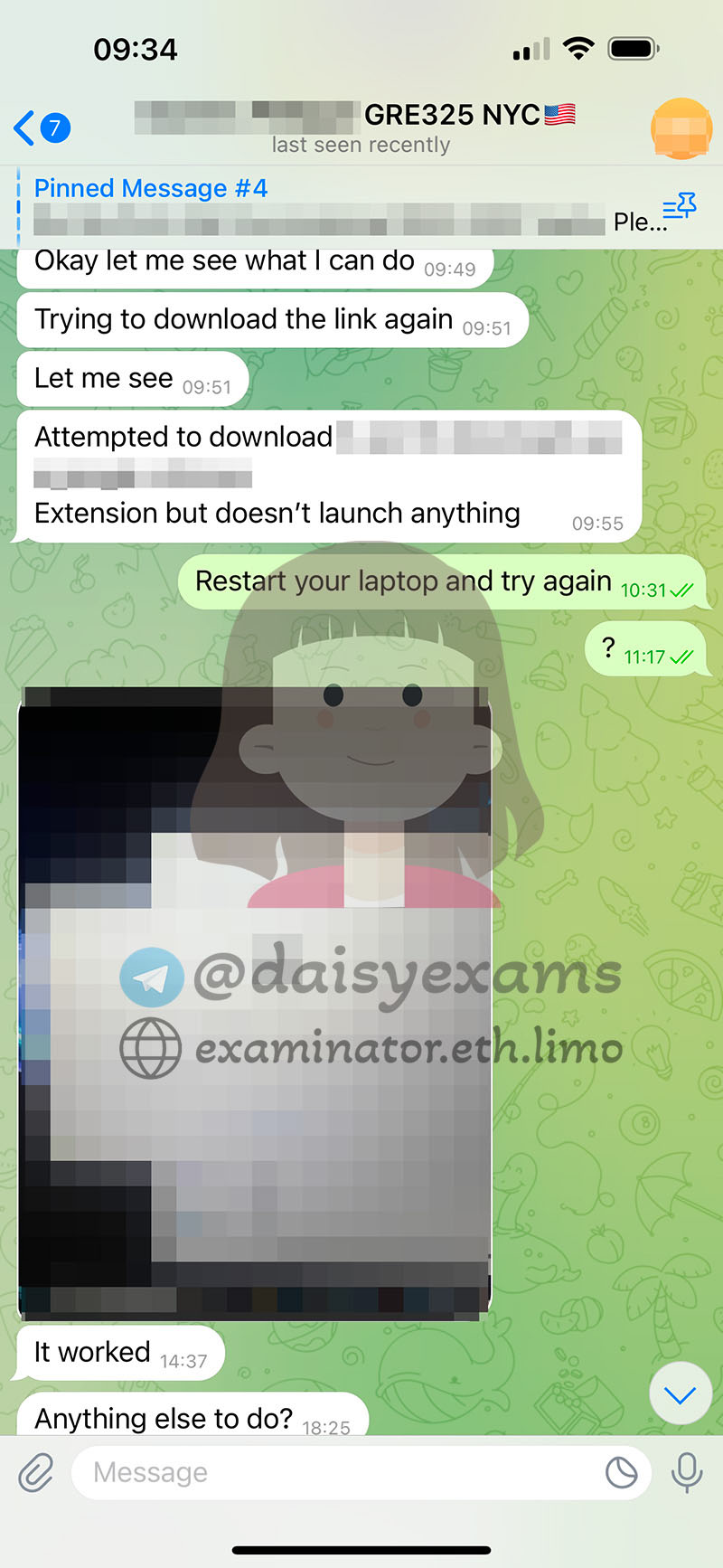 screenshot of chat logs for GRE Cheating success story #691