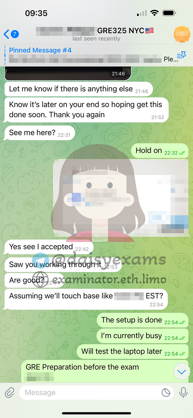screenshot of chat logs for GRE Cheating success story #691