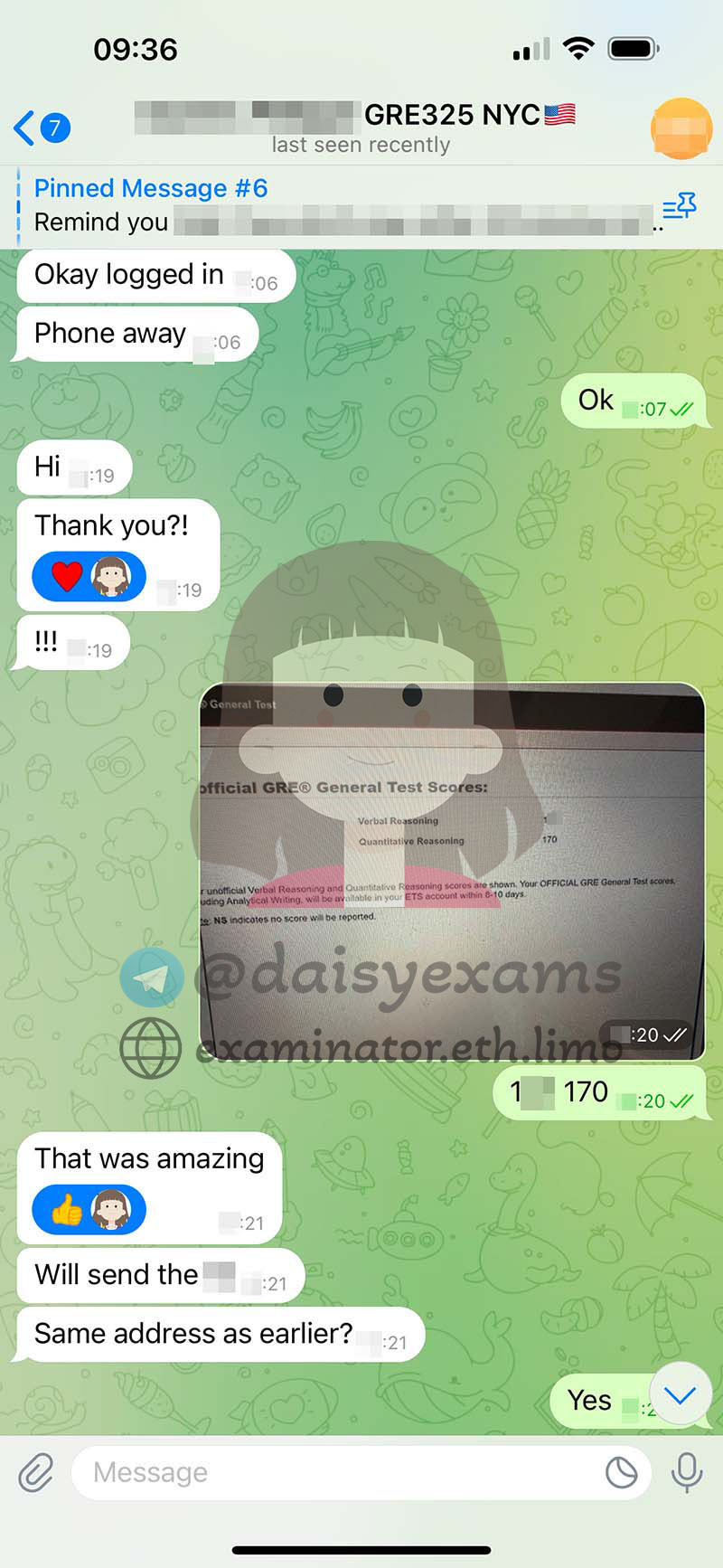 screenshot of chat logs for GRE Cheating success story #691