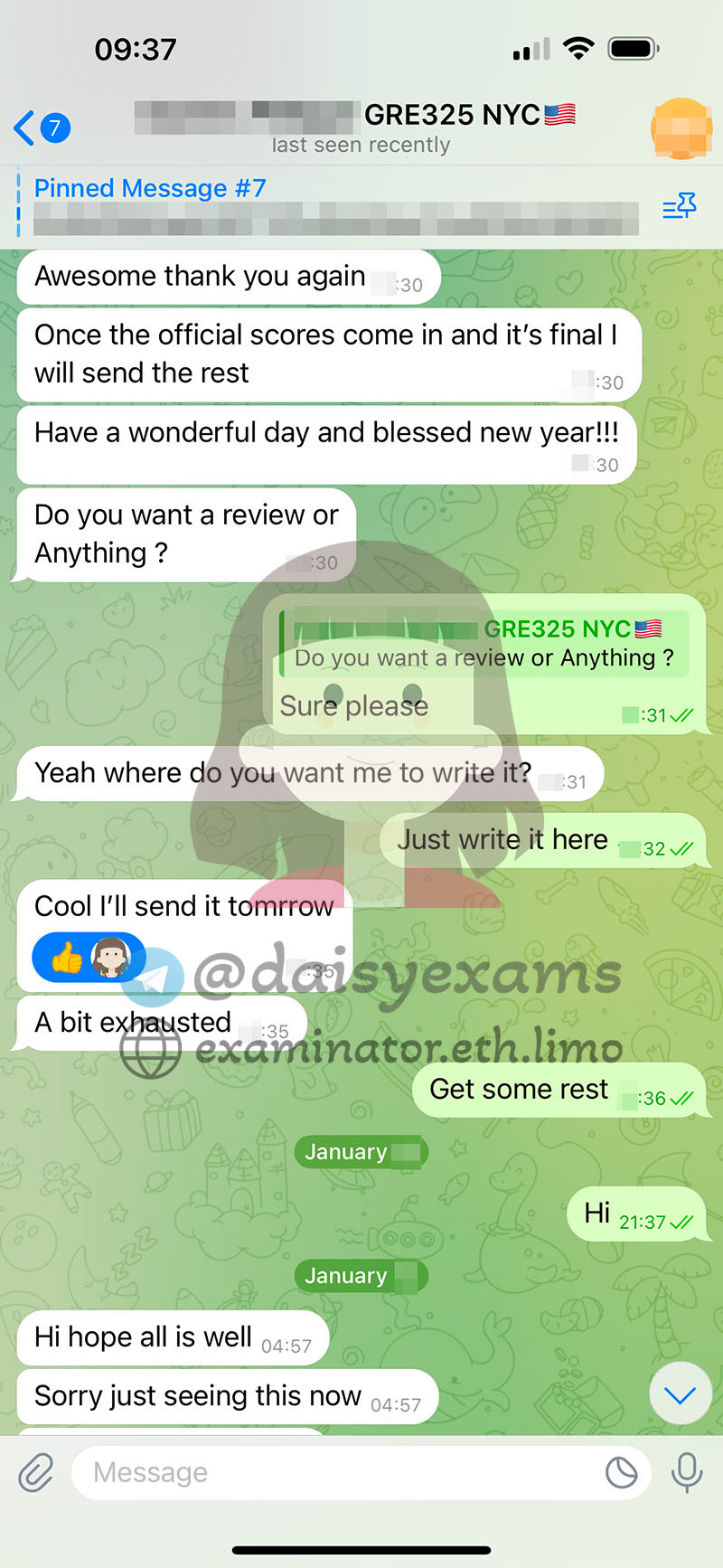 screenshot of chat logs for GRE Cheating success story #691