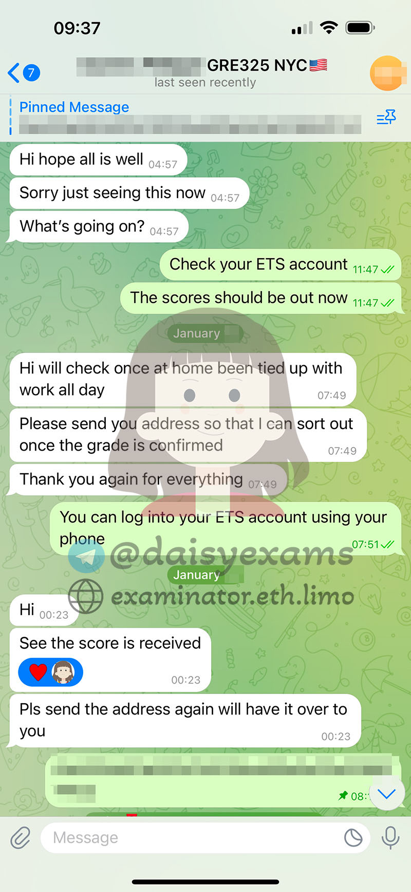 screenshot of chat logs for GRE Cheating success story #691