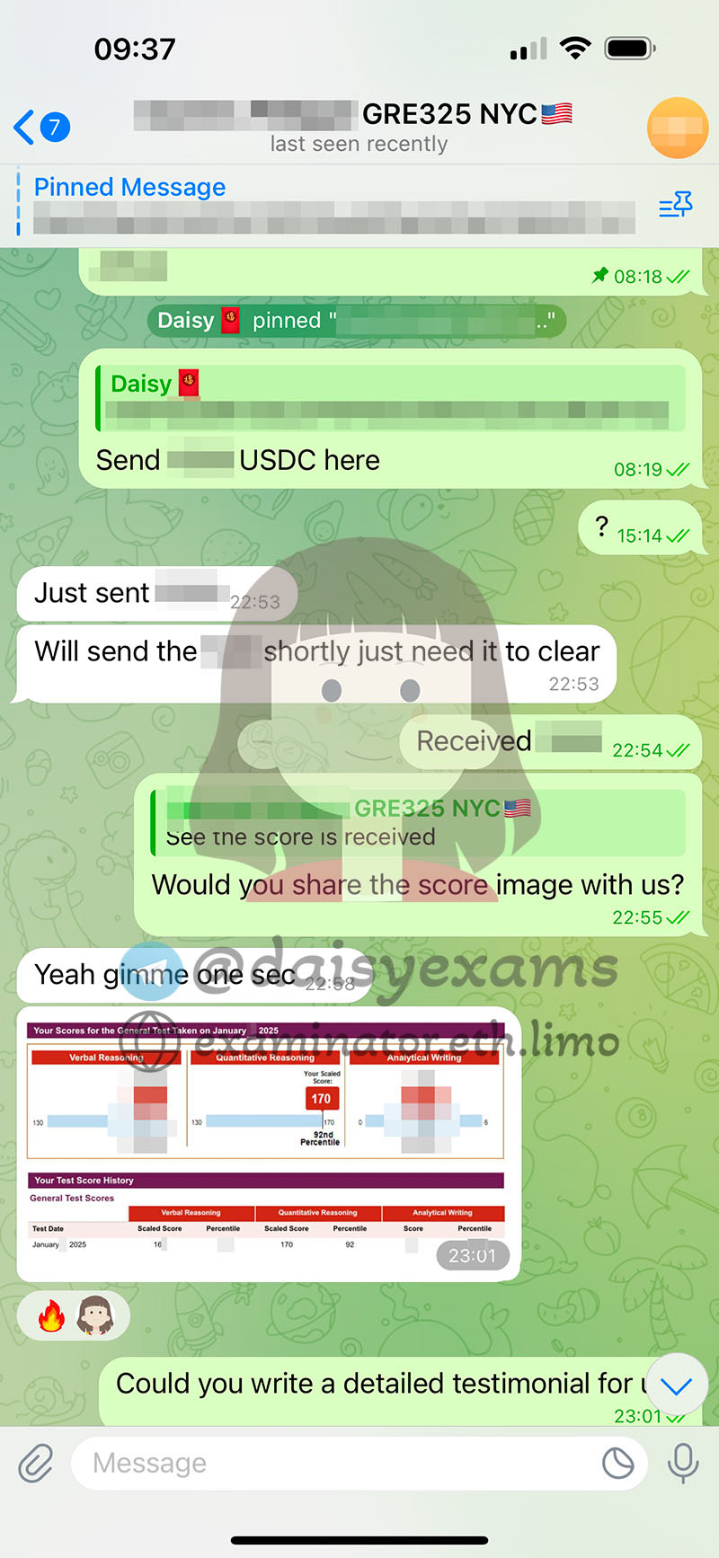 screenshot of chat logs for GRE Cheating success story #691