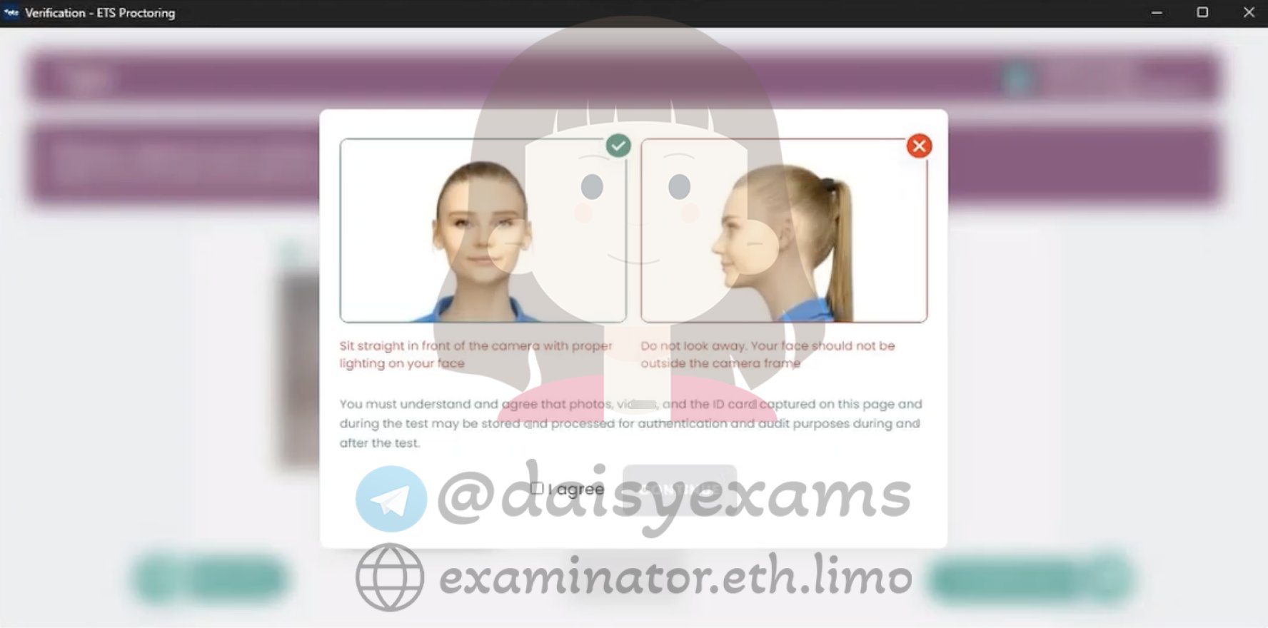 ETS GRE proctoring face verification screen — sit straight with good lighting