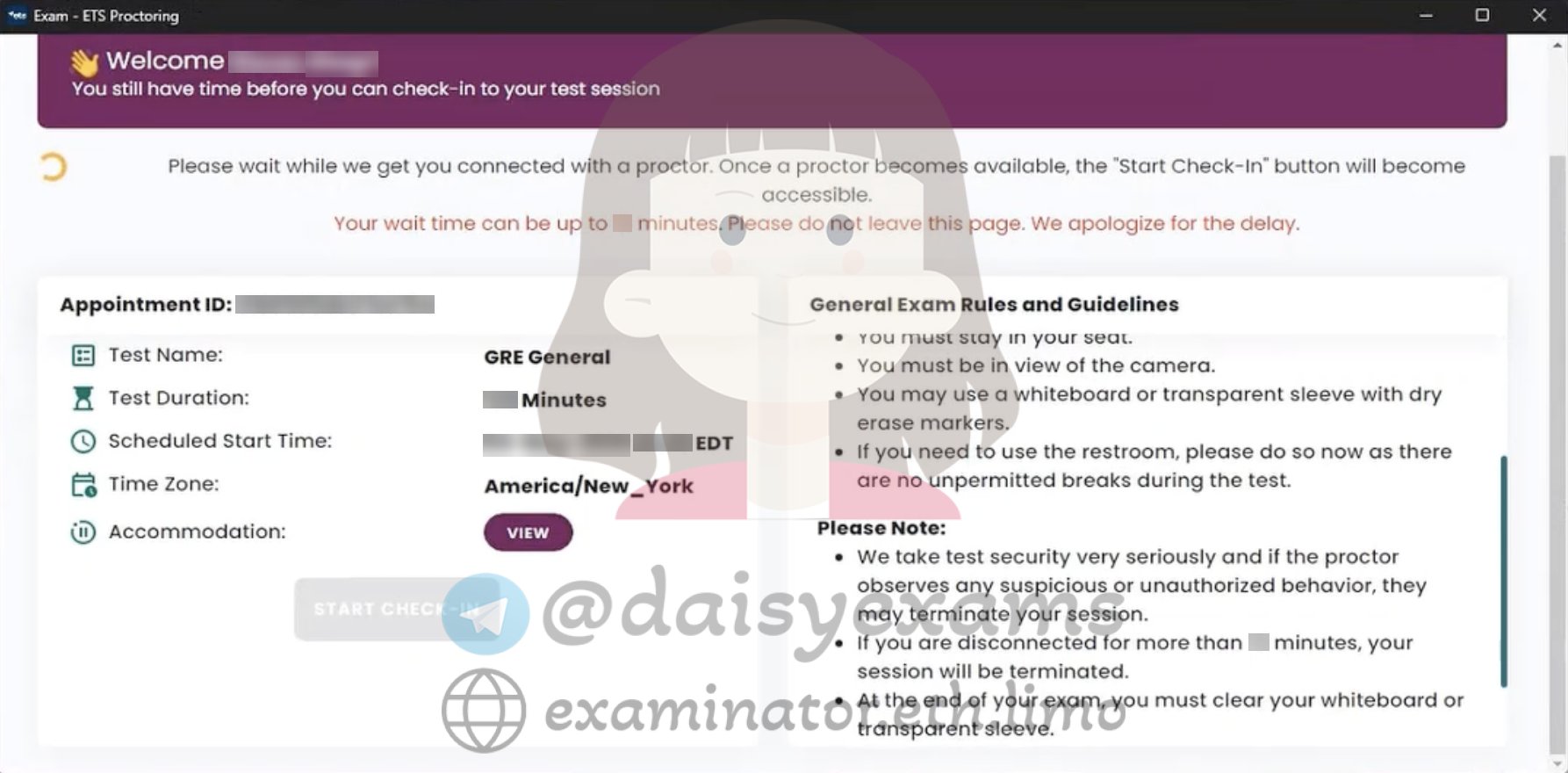 GRE at-home appointment details and general exam rules while waiting for a proctor