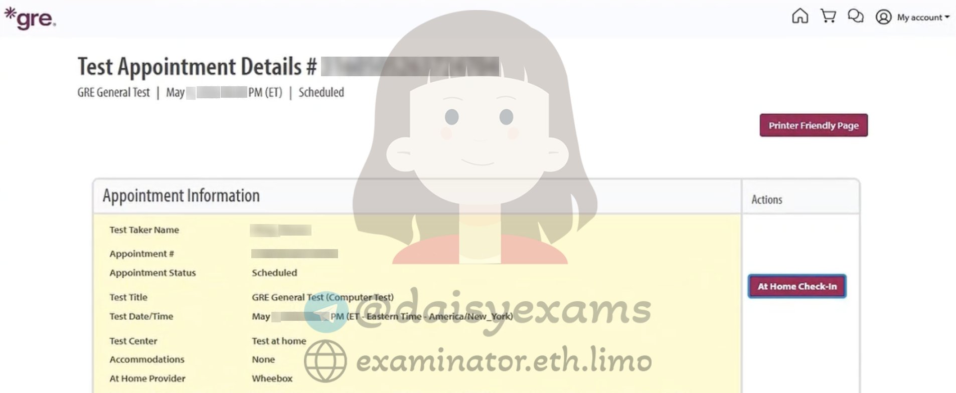ETS account GRE Test Appointment Details page with the At-Home Check-In button (Wheebox)