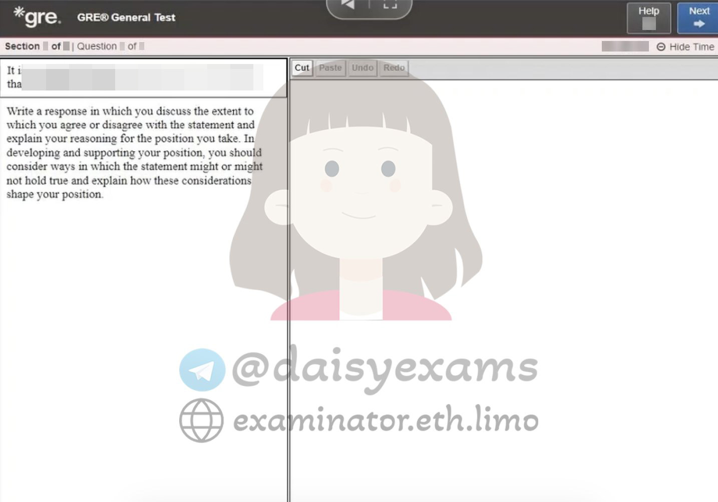 Live GRE Analytical Writing task in the essay editor