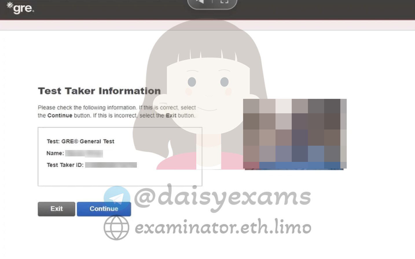 GRE Test Taker Information confirmation screen with name and ID