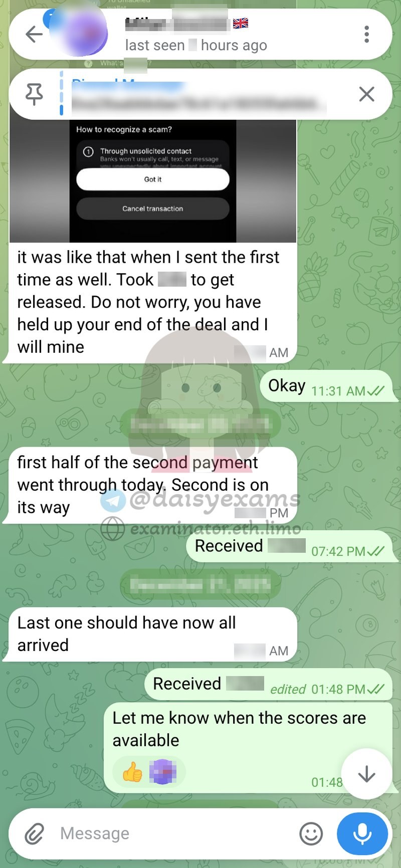 Chat: the client explains the bank hold cleared last time and reassures it will again