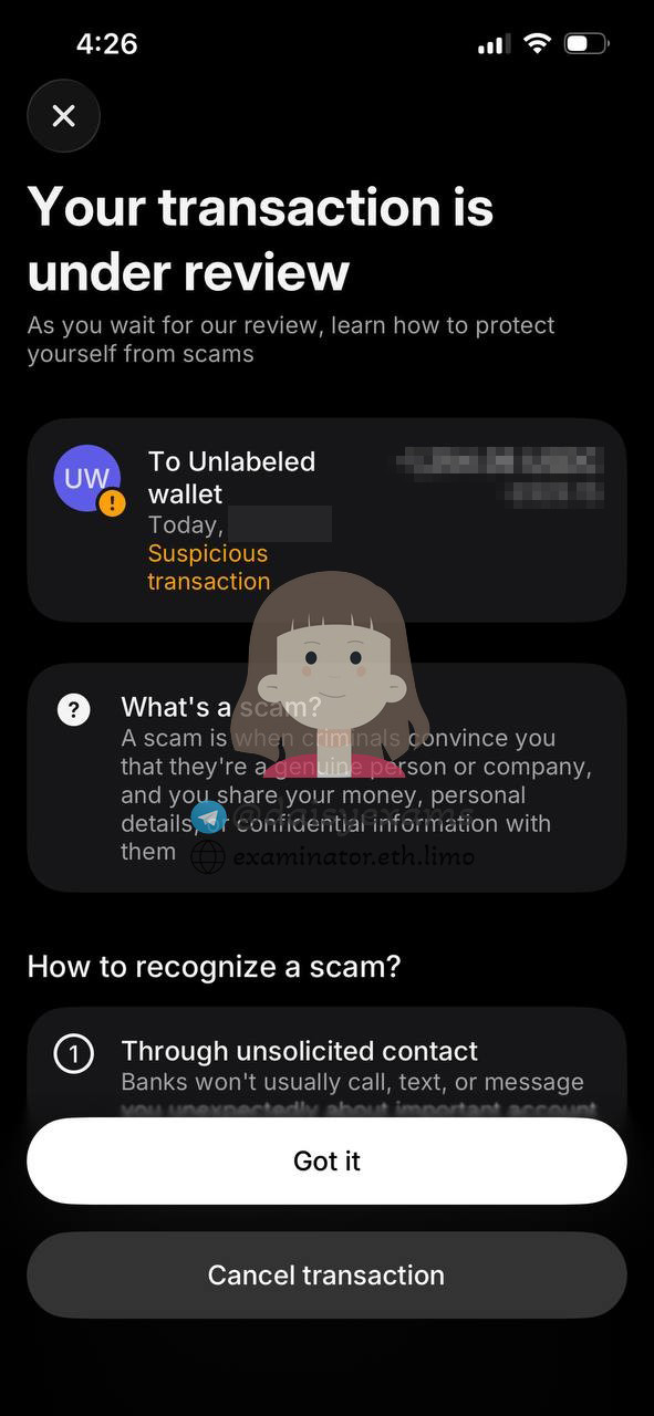 The client's bank flags the final crypto payment as a suspicious transaction under review