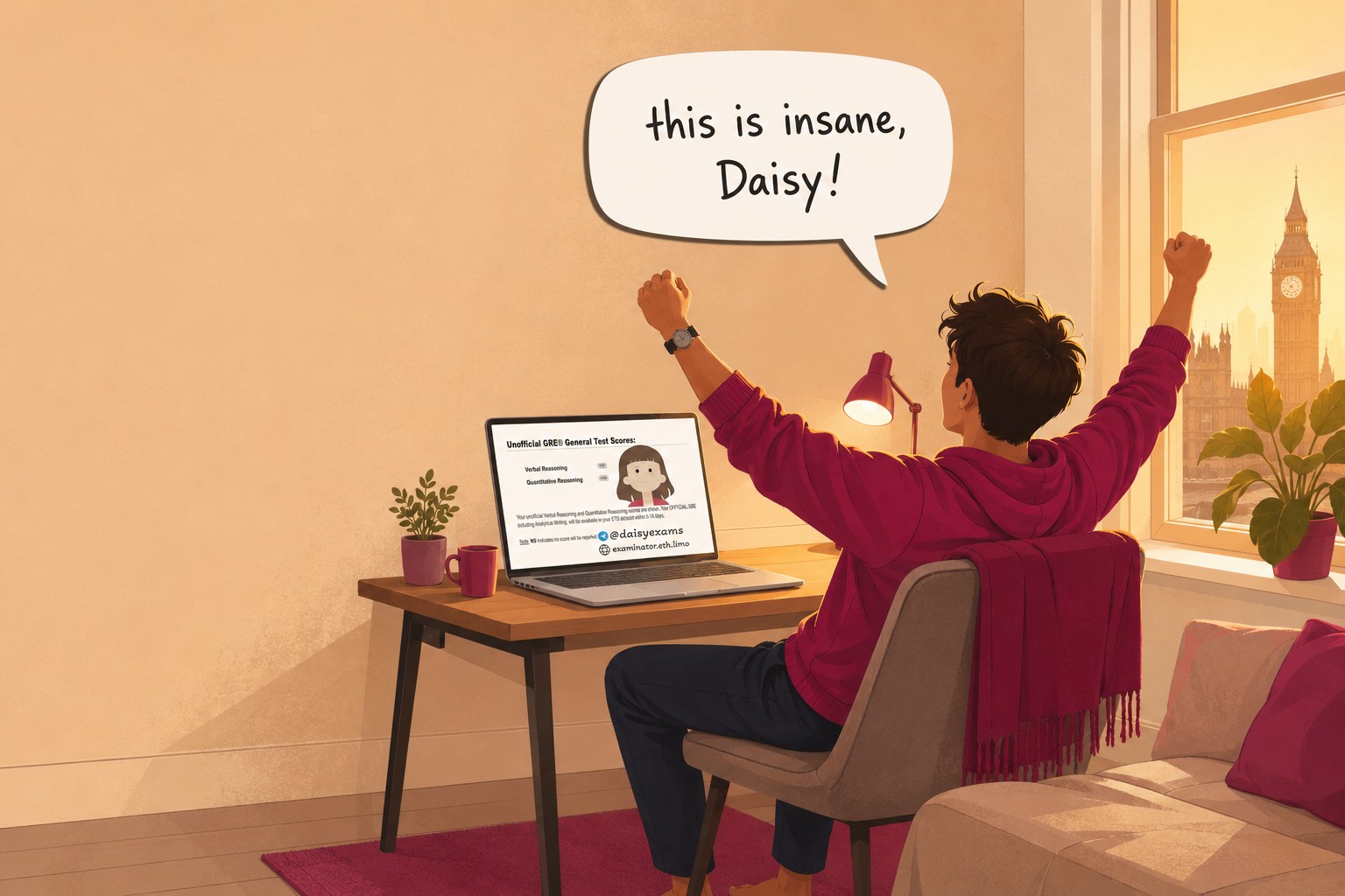 Illustration of the client celebrating at home in the UK, this is insane Daisy speech bubble, GRE score on the laptop