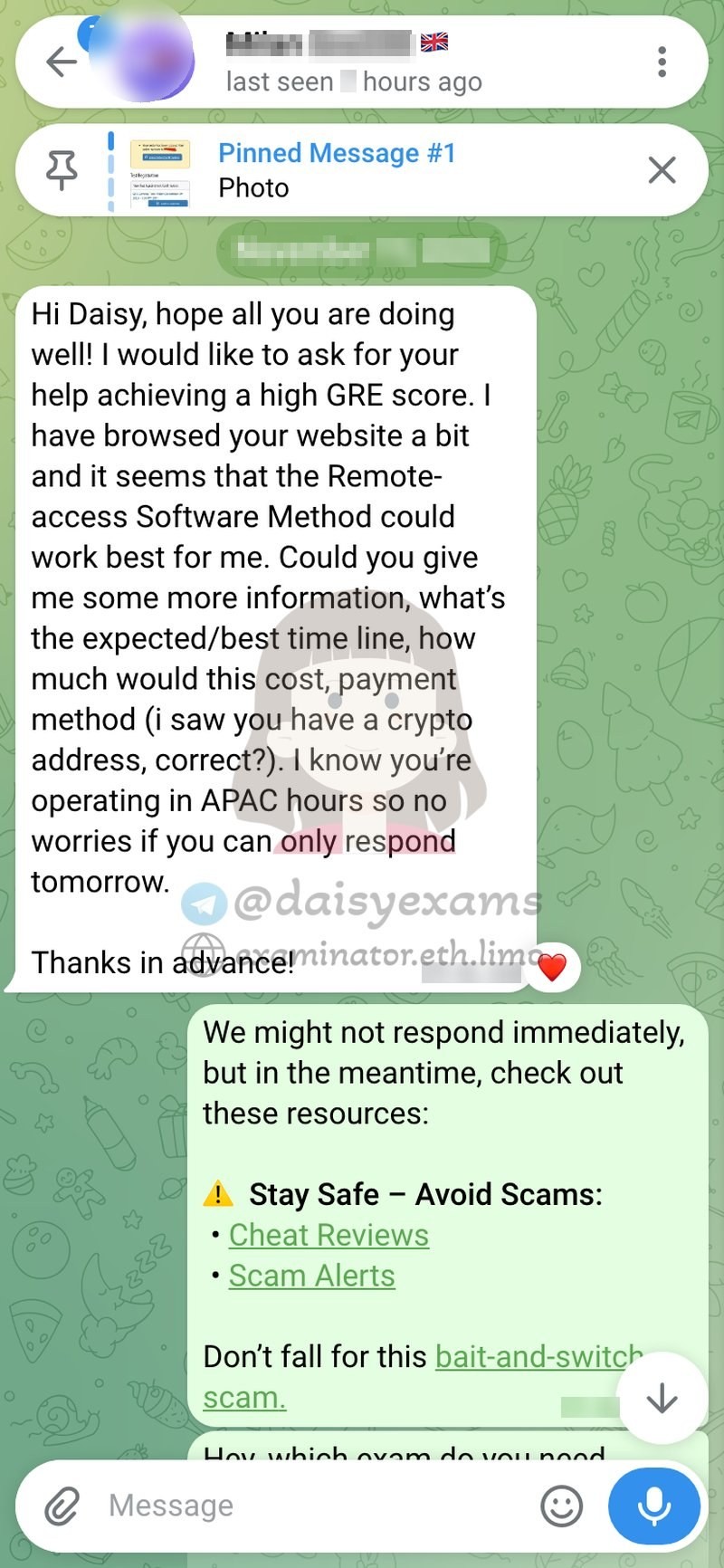 First contact: a UK client asks for help achieving a high GRE score using the remote-access software method