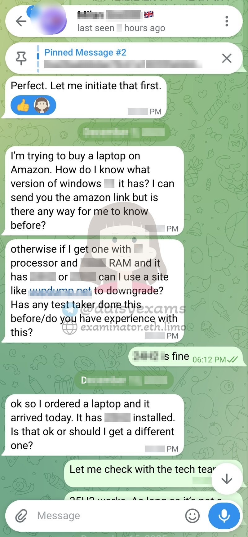 Client asks detailed questions about which laptop to buy for the GRE at home