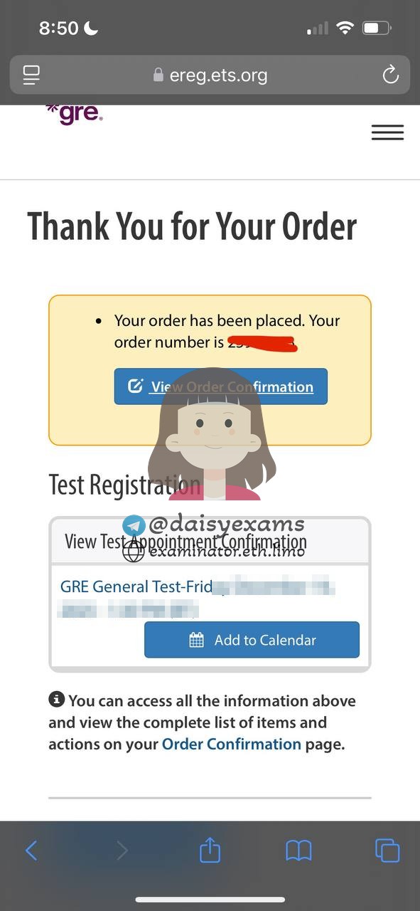 ETS Thank You for Your Order confirmation after registering the GRE at home