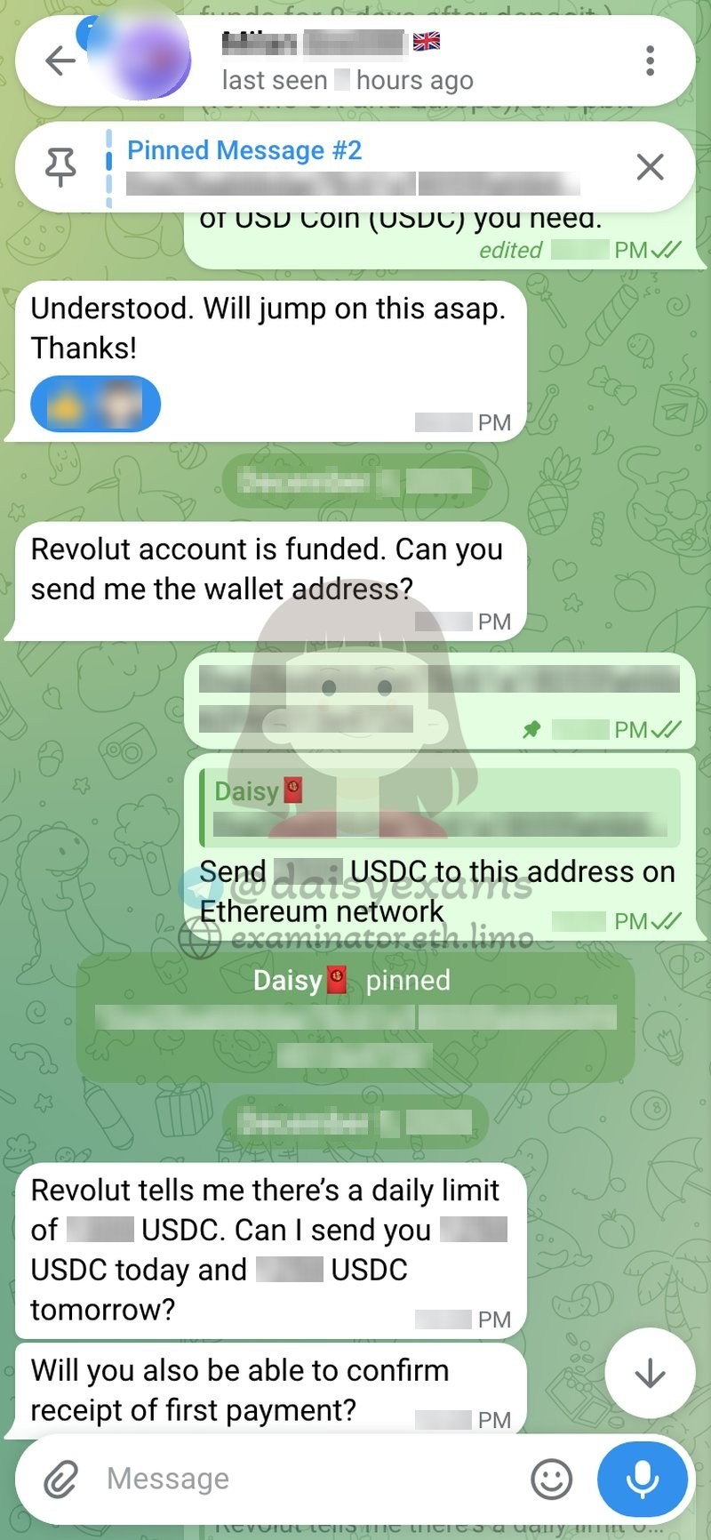 Client splits the crypto deposit across two days due to a daily transfer limit