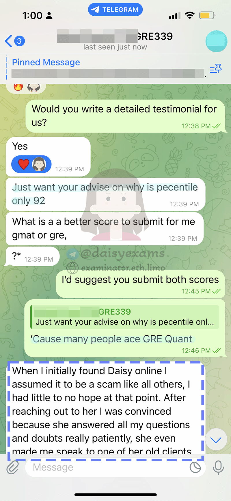 screenshot of chat logs for GRE 부정행위 success story #701