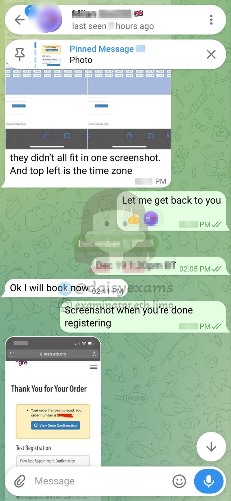 Chat: the agreed British-time slot and the client's booking confirmation