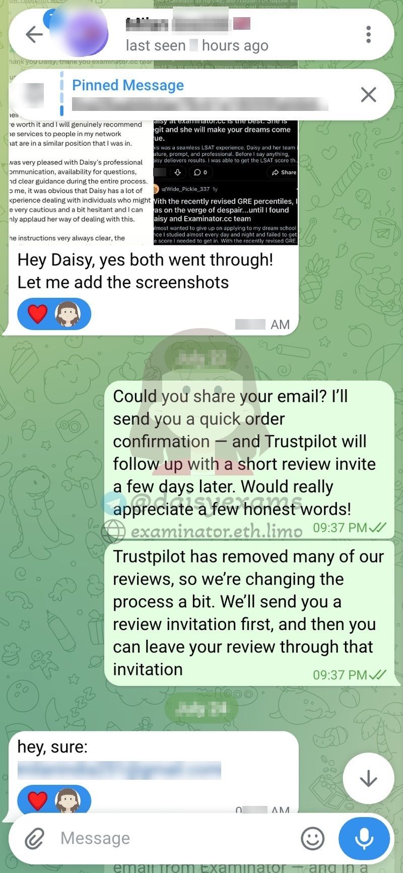 The client's Trustpilot and community vouch reviews after a successful GRE result