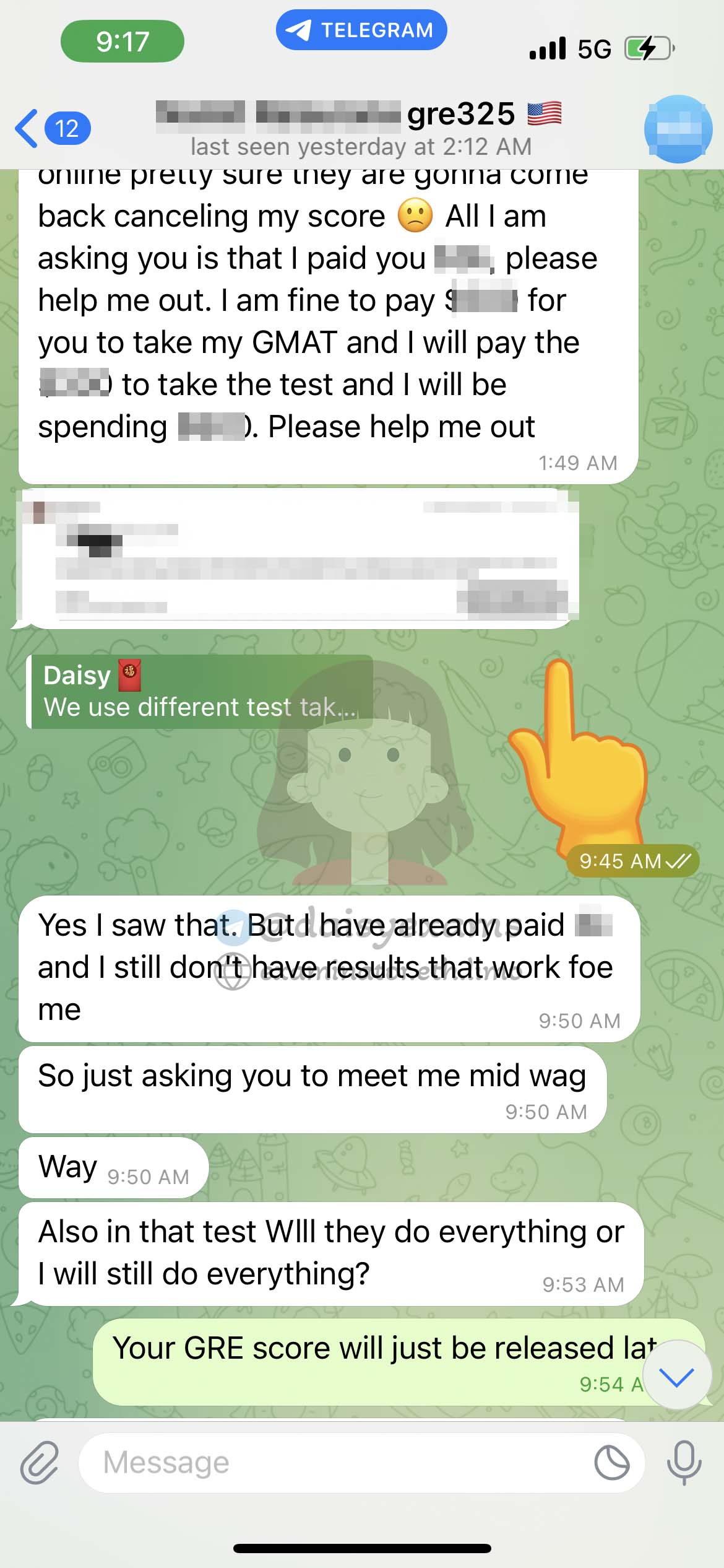 screenshot of chat logs for GRE Cheating success story #692
