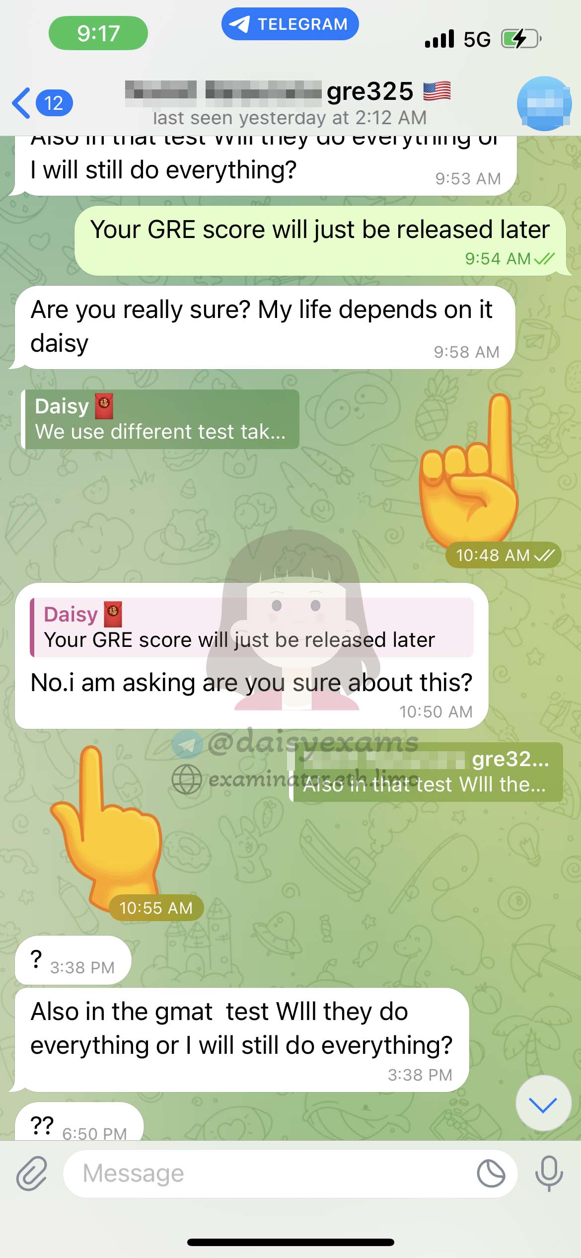 screenshot of chat logs for GRE Cheating success story #692