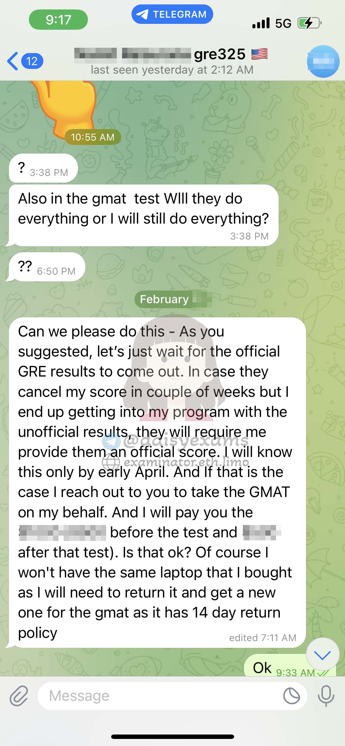 screenshot of chat logs for GRE Cheating success story #692