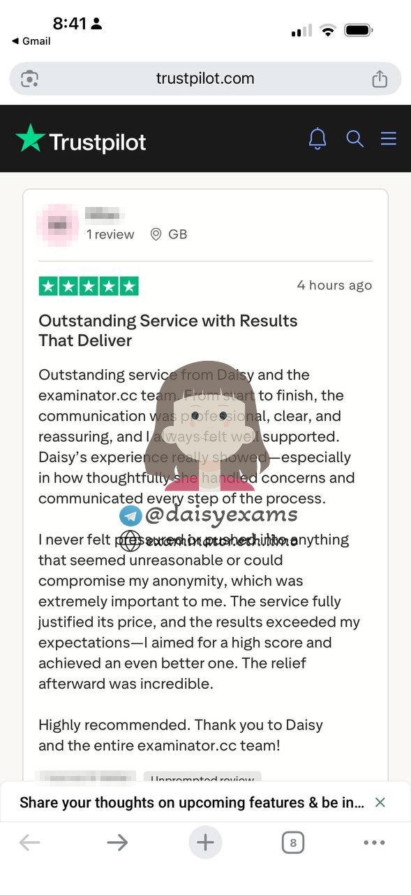 The client's honest 5-star Trustpilot review of the GRE service