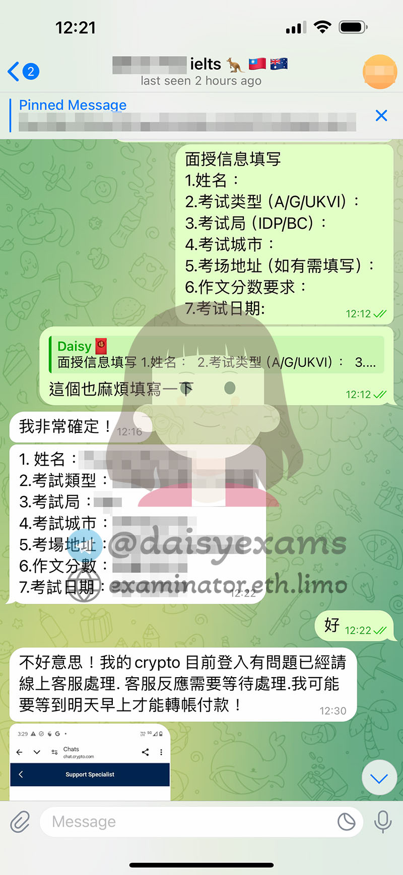 screenshot of chat logs for IELTS 부정행위 success story #688