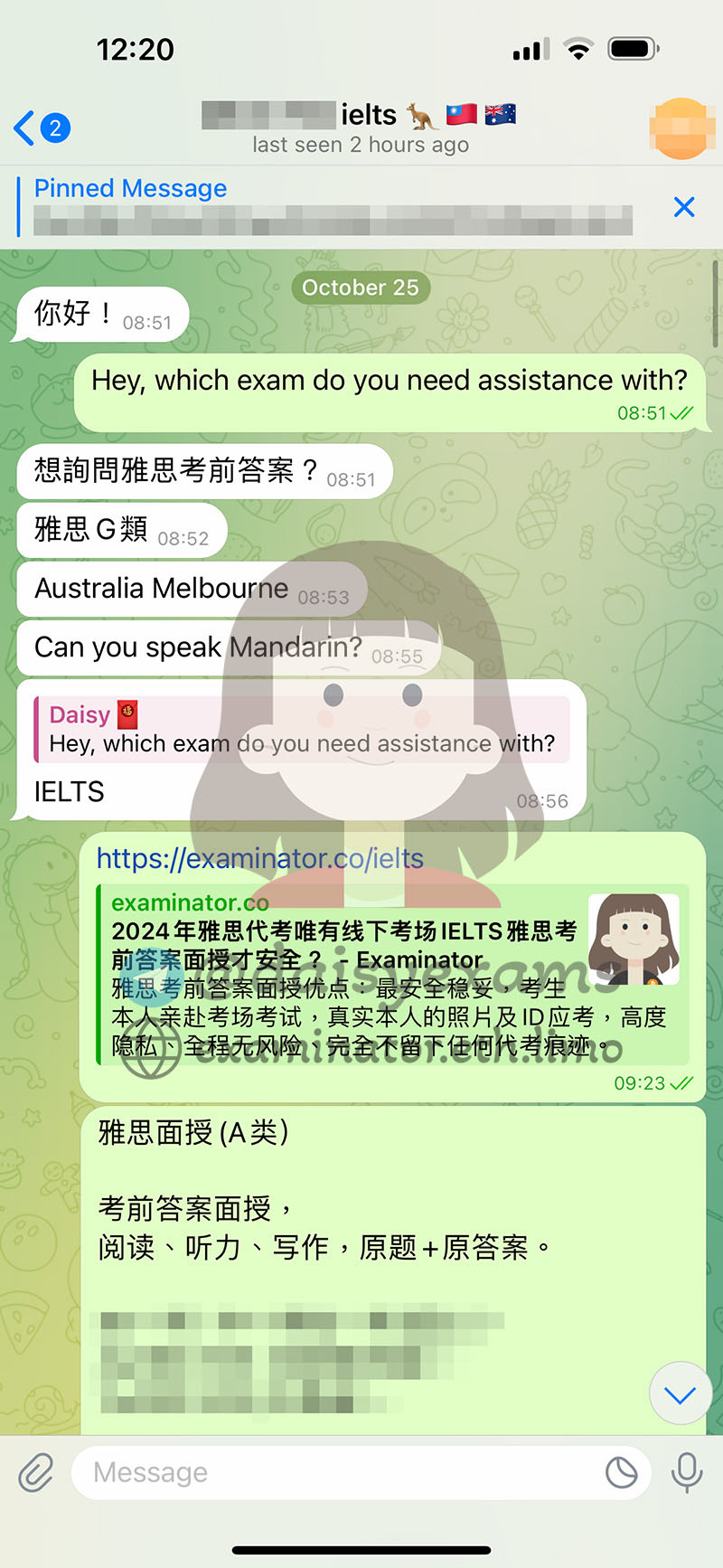 screenshot of chat logs for IELTS 부정행위 success story #688