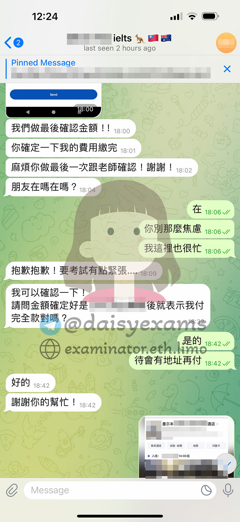 screenshot of chat logs for IELTS 부정행위 success story #688