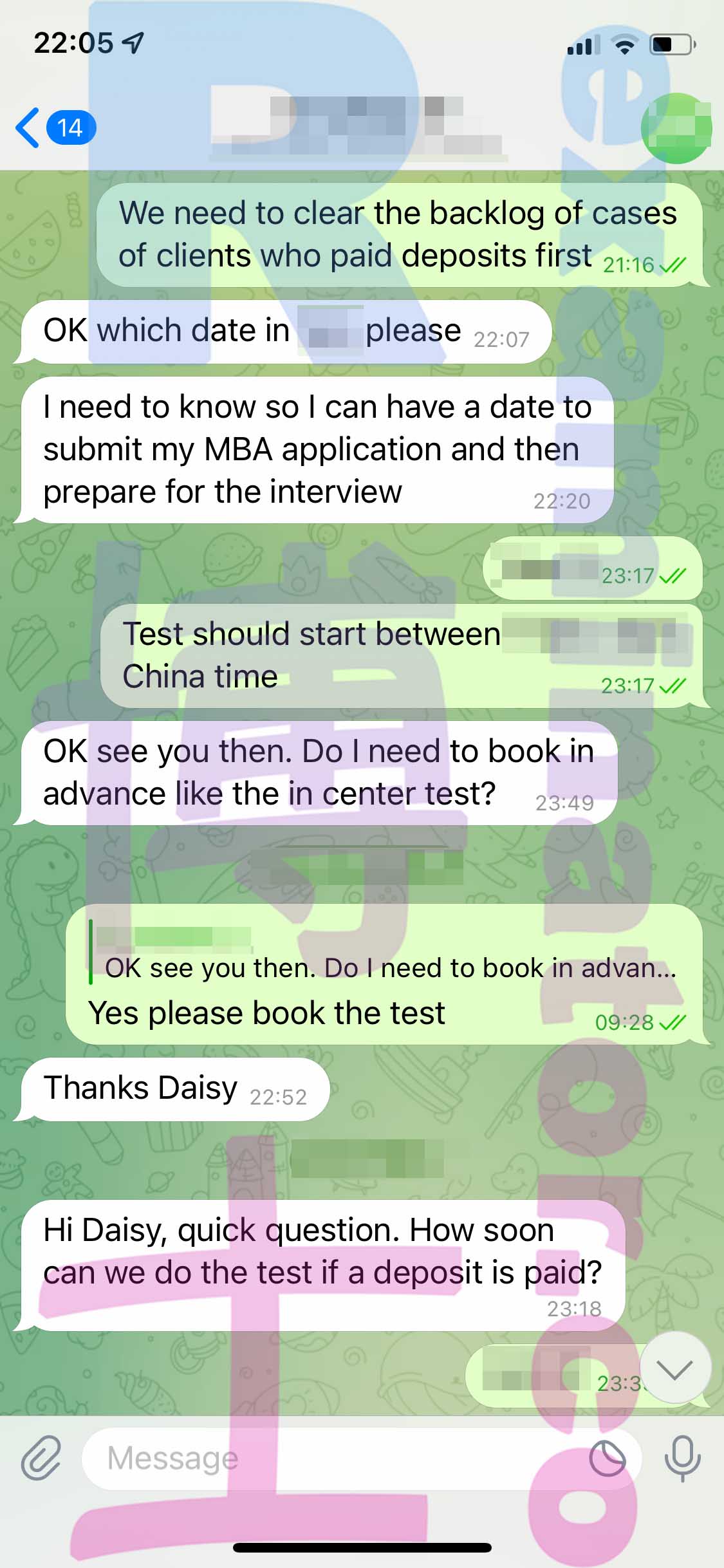 screenshot of chat logs for [Tricher au GMAT] success story #268