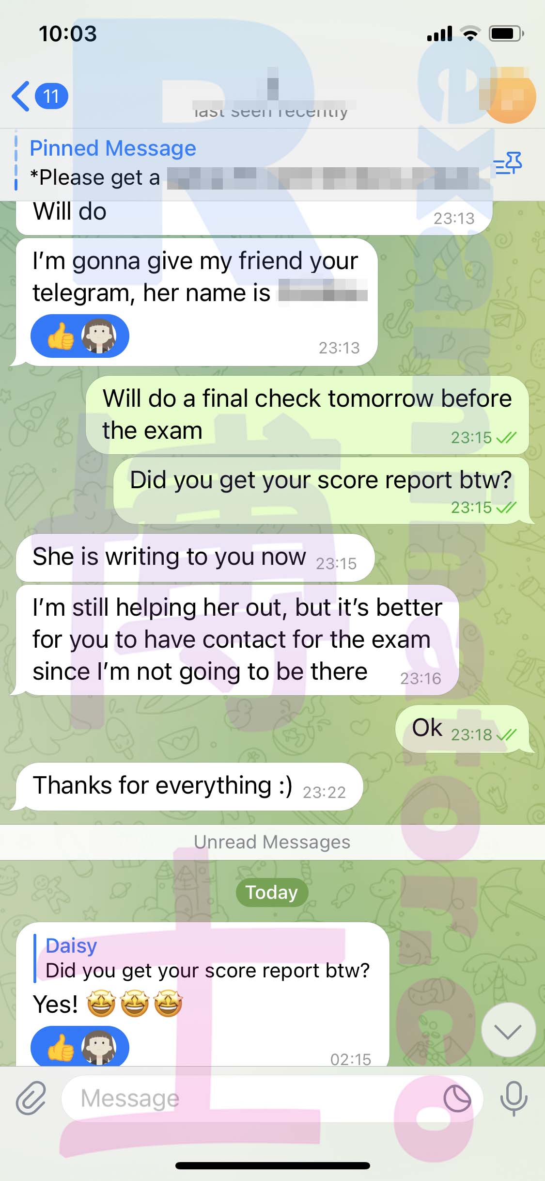 screenshot of chat logs for Tricherie au GMAT success story #461