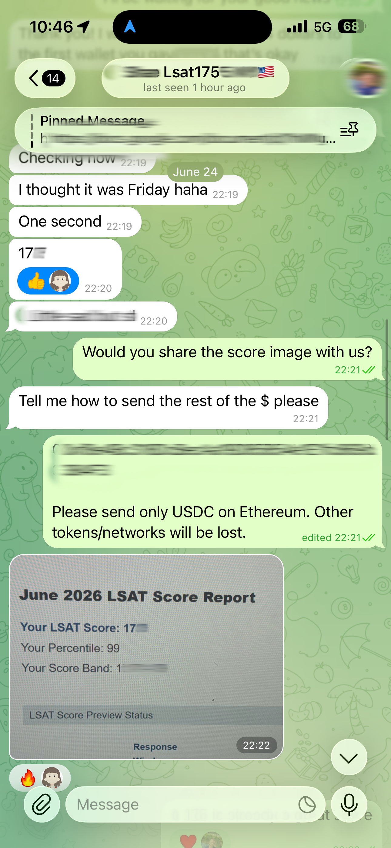 screenshot of chat logs for LSAT 부정행위 success story #750