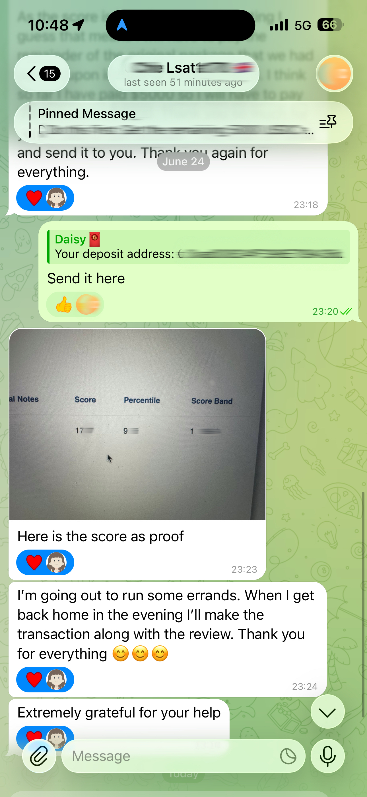 screenshot of chat logs for LSAT 부정행위 success story #750