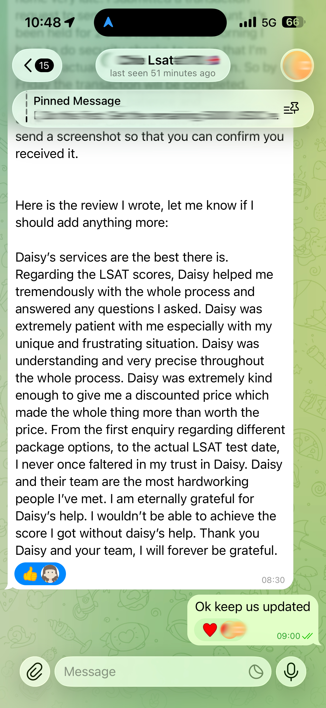 screenshot of chat logs for LSAT 부정행위 success story #750